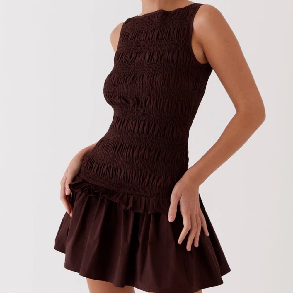 Peppermayo - Garden Kisses Shirred Mini
Dress - Chocolate